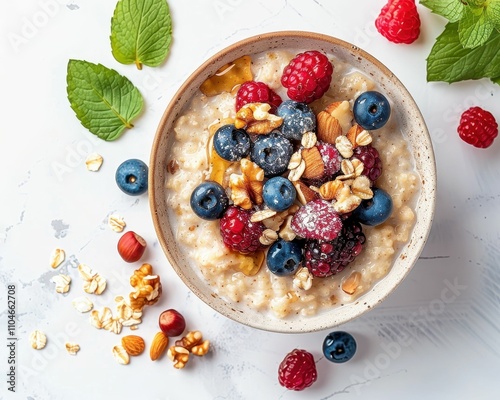 A colorful bowl of oatmeal topped with fresh berries, nuts, and granola, garnished with mint leaves, showcasing a healthy breakfast option. photo