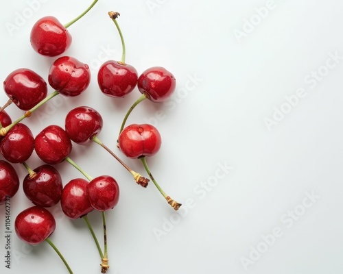 Fresh cherries scattered on a light background, showcasing their vibrant red color and glossy texture.