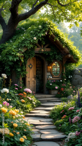 A whimsical cottage, nestled amongst vibrant flowers and greenery, features a stone path leading to its ivycovered roof and charming wooden door. Sunlight filters through the leaves. photo