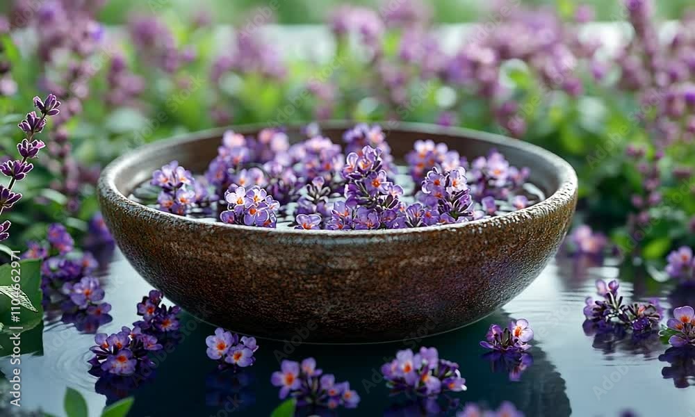 A serene bowl filled with purple flowers, surrounded by more blooms in a tranquil setting. A serene bowl filled with purple flowers, surrounded by more blooms in a tranquil setting.