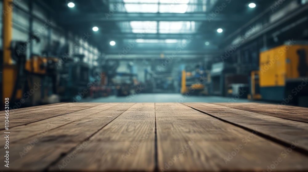 Close up of empty wooden table with blurred industrial workshop factory background Close up of empty wooden table with blurred industrial workshop factory background