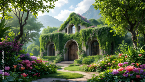 Wallpaper Mural A stone house, heavily covered in green vines, sits in a vibrant garden. A stone path leads to its wooden door, with mountains in the background. Lush flowers bloom around the house. Torontodigital.ca