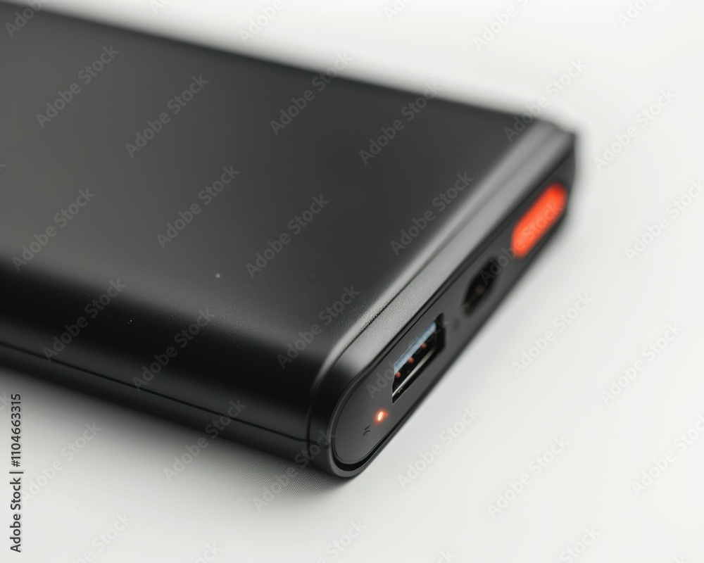 A sleek black power bank featuring USB and USB-C ports, designed for portable charging of devices on the go. A sleek black power bank featuring USB and USB-C ports, designed for portable charging of devices on the go.
