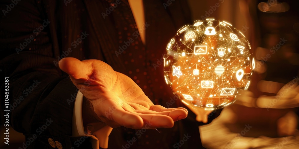 A businessman holds a digital hologram of a global network and social media icons, representing a business technology concept. A businessman holds a digital hologram of a global network and social media icons, representing a business technology concept.