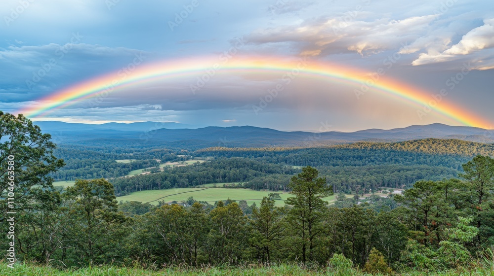 Vivid Rainbow Arcing Over Lush Green Mountains Under Dramatic Sky in Serene Landscape Capturing the Beauty of Nature's Scenic View Vivid Rainbow Arcing Over Lush Green Mountains Under Dramatic Sky in Serene Landscape Capturing the Beauty of Nature's Scenic View