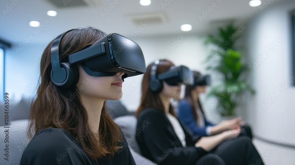 Three women are sitting in a room wearing virtual reality headsets. Generative AI Three women are sitting in a room wearing virtual reality headsets. Generative AI