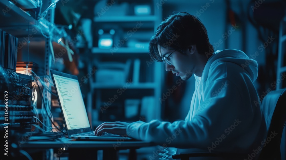 IT specialist working on laptop. Server room, computing, technology and database. Concept of digital technology, IT support, telecommunications and IT security. Programmer or computer engineer IT specialist working on laptop. Server room, computing, technology and database. Concept of digital technology, IT support, telecommunications and IT security. Programmer or computer engineer