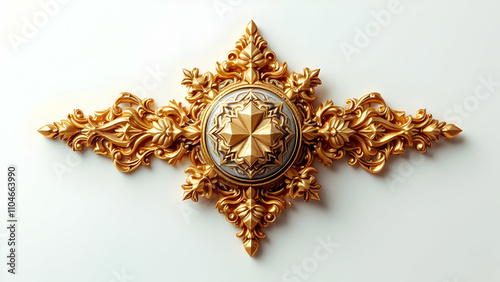 A gold, ornate rococostyle wall decoration with a central, starburstpatterned medallion. Intricate detailing and symmetrical design. Luxury home decor. photo