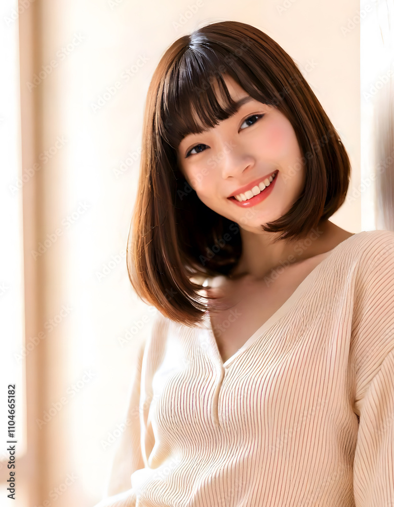 ボブヘアーの笑顔の日本人女性 ボブヘアーの笑顔の日本人女性