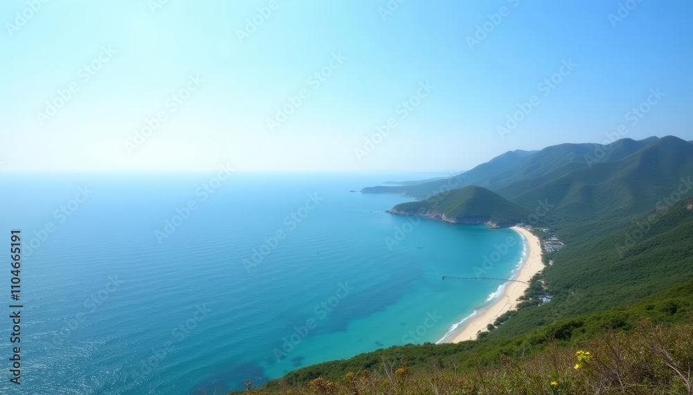 A serene seaside landscape with blue ocean water and lush green hills in the backgroundView from a higher vant A serene seaside landscape with blue ocean water and lush green hills in the backgroundView from a higher vant