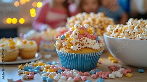 A close-up shot of a coffee table adorned with creative movie-themed treats like film-reel cupcakes, star-shaped candies, and popcorn, the family in matching pajamas blurred in the background, photo