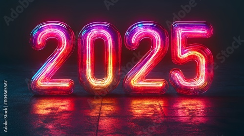 Neon numbers "2025" illuminated in vibrant colors against a dark background.