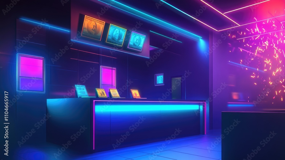 Dynamic illustration of an exchange booth, illuminated with vibrant lights and banknotes in motion. Dynamic illustration of an exchange booth, illuminated with vibrant lights and banknotes in motion.