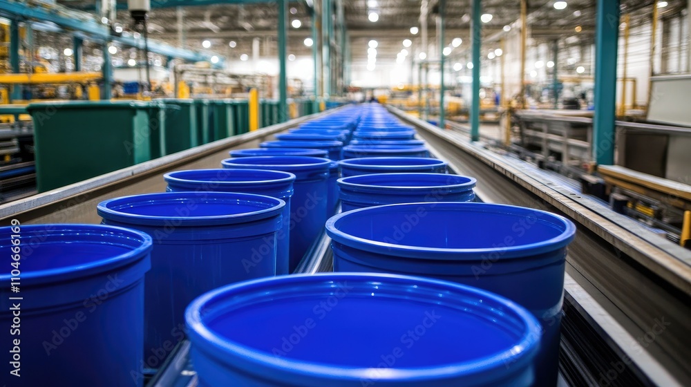 In a large factory, blue plastic containers travel along a conveyor belt, highlighting the speed and organization of an efficient manufacturing process. In a large factory, blue plastic containers travel along a conveyor belt, highlighting the speed and organization of an efficient manufacturing process.