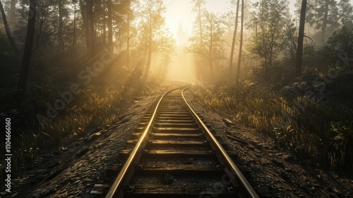 Golden sunlight pours over weathered train tracks nestled in a peaceful forest, the silhouette of distant trees adding to the allure of an abandoned path.