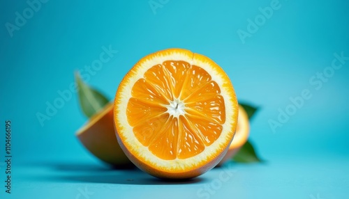 Juicy orange slice on a blue background photo