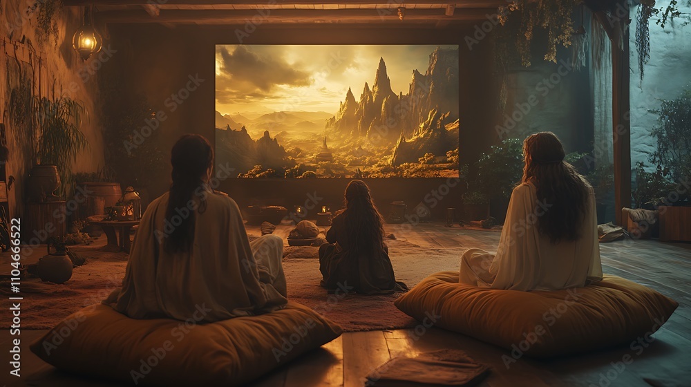 A family dressed as Lord of the Rings characters, sitting on bean bags in a rustic living room with a projector playing a fantasy landscape, golden and green tones dominating, epic atmosphere, A family dressed as Lord of the Rings characters, sitting on bean bags in a rustic living room with a projector playing a fantasy landscape, golden and green tones dominating, epic atmosphere,