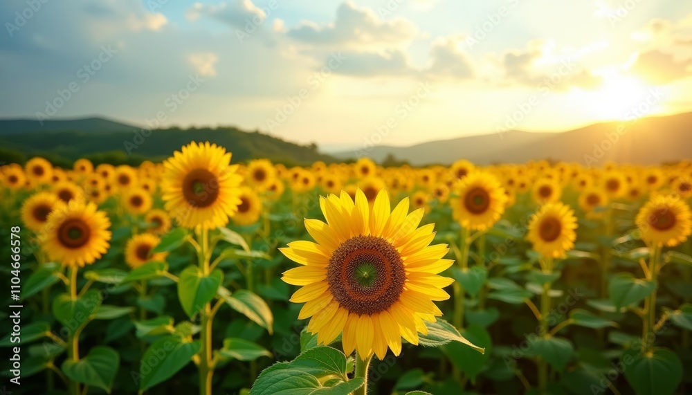 Obraz premium Bright yellow sunflowers in a field at sunrise