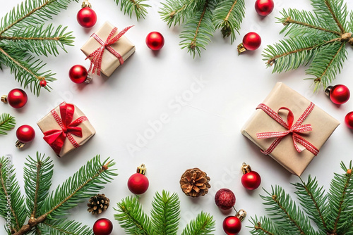 Festive Christmas flat lay with gifts, ornaments, pine branches, and pine cones on white background.