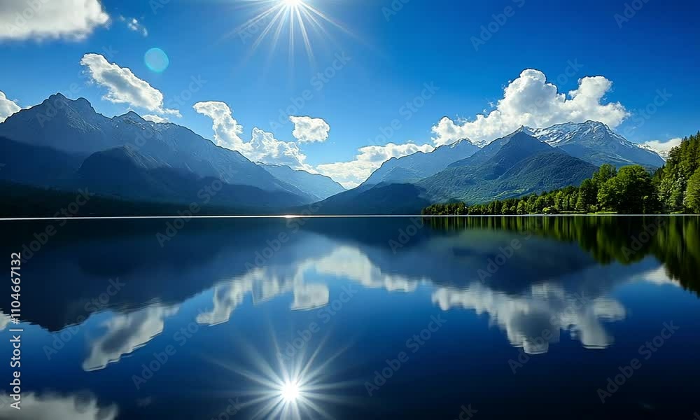 A serene lake surrounded by mountains under a bright blue sky with reflective water.