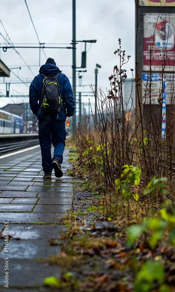 A lone man walks along a train platform, carrying a backpack. A lone man walks along a train platform, carrying a backpack.
