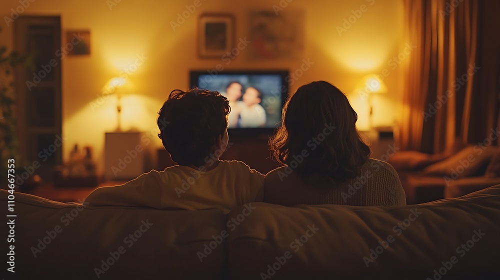 A family seated on a comfortable couch, viewed from behind, giggling and cuddling while watching a funny scene on TV, dim warm lighting, inviting living room decor, cinematic naturalism, hd quality. A family seated on a comfortable couch, viewed from behind, giggling and cuddling while watching a funny scene on TV, dim warm lighting, inviting living room decor, cinematic naturalism, hd quality.