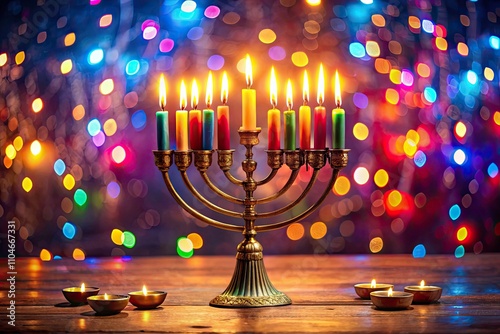 First Night of Hanukkah: Colorful Candles Burning in Menorah, Celebrating Jewish Tradition, Holiday Spirit, Warm Glow, Night Photography, Chanukkah Celebration, Religious Observance, Copy Space photo