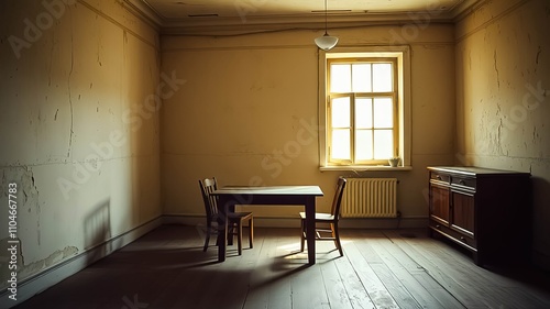 A sunlit room with aged walls, a simple wooden table and chairs, and an antique cabinet