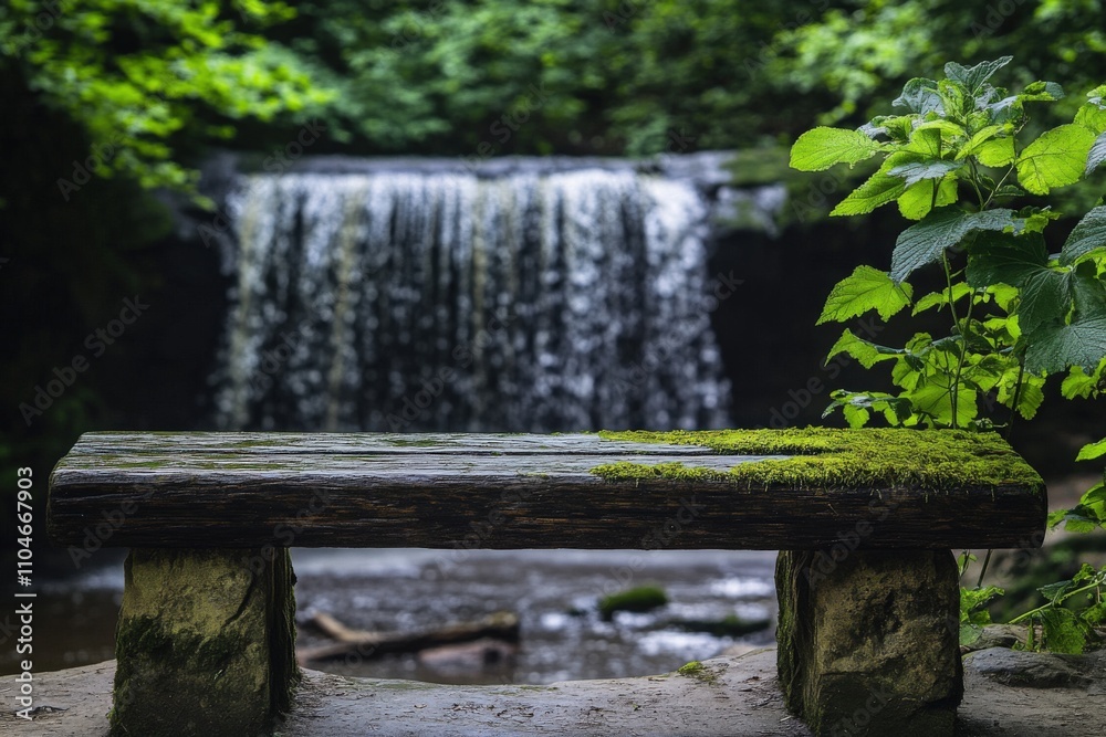 Fototapeta premium a tranquil scene featuring a wooden bench overlooking a serene waterfall surrounded by lush greenery