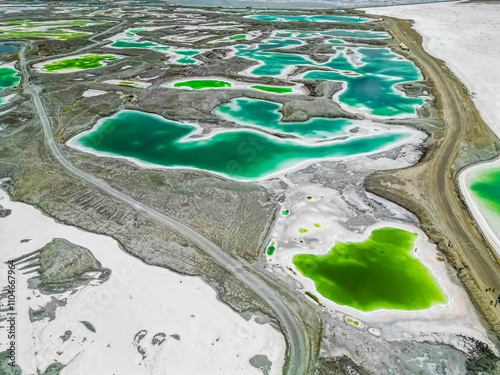 The midair view of Emerald Lake, also called Dachaidan Lake, Qinghai Province, China. photo