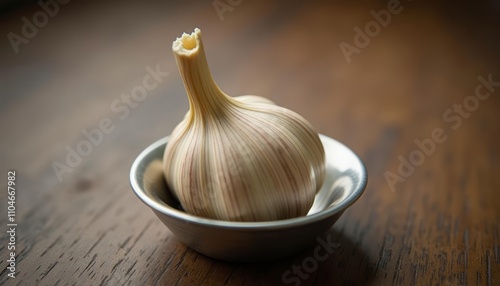 The garlic bulb is whiteThe bowl has a silver rimThe tabletop is woodenThe garlic is peeled photo