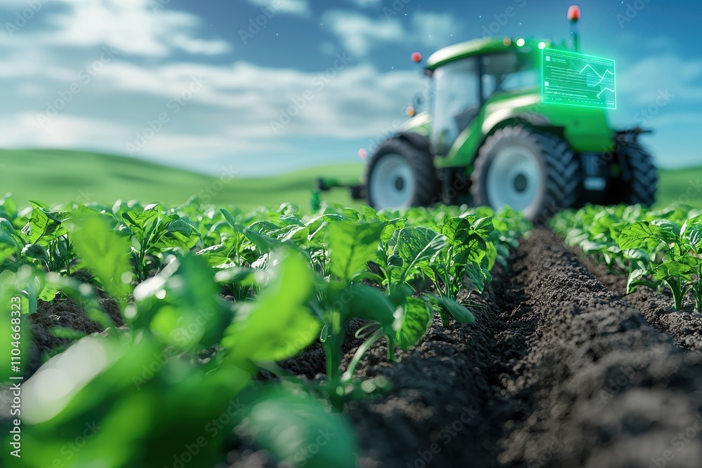 Modern Agriculture Technology in Action at Green Farm with Tractor and Crop Growth Analysis Modern Agriculture Technology in Action at Green Farm with Tractor and Crop Growth Analysis