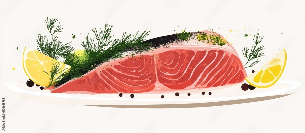 Fresh tuna steak with garnishes of dill, peppercorns, and lemon zest, minimalist composition Fresh tuna steak with garnishes of dill, peppercorns, and lemon zest, minimalist composition