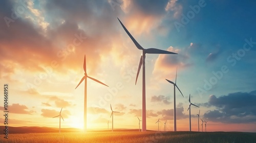 A cutting-edge renewable energy research center, vast wind turbine farm against a sunset sky, Eco-Tech style