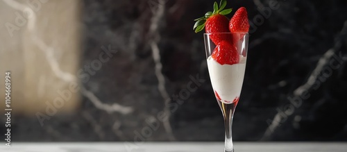 Chic yogurt parfait served in a champagne flute, layered with strawberries and vanilla yogurt, minimal and stylish