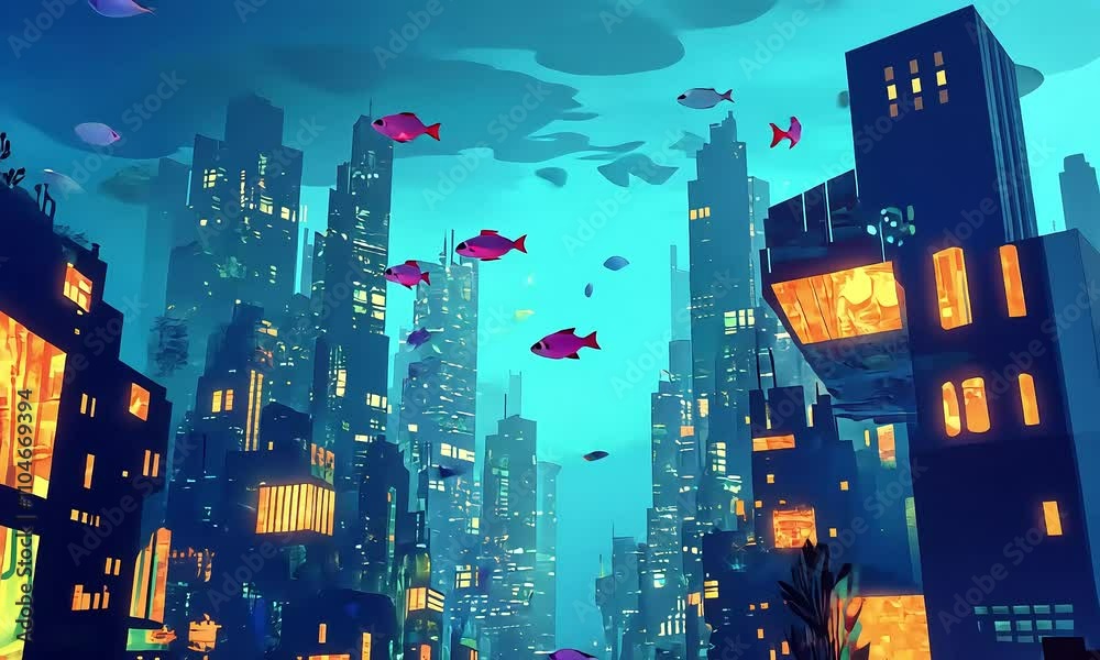 Futuristic underwater cityscape with glowing buildings and colorful ...