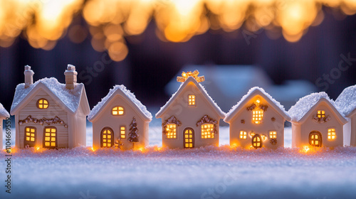 Scandinavian village scene with miniature houses illuminated with glowing lights on bokeh background 