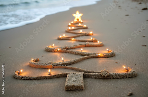Creative sand christmas tree with lights on beach at sunset