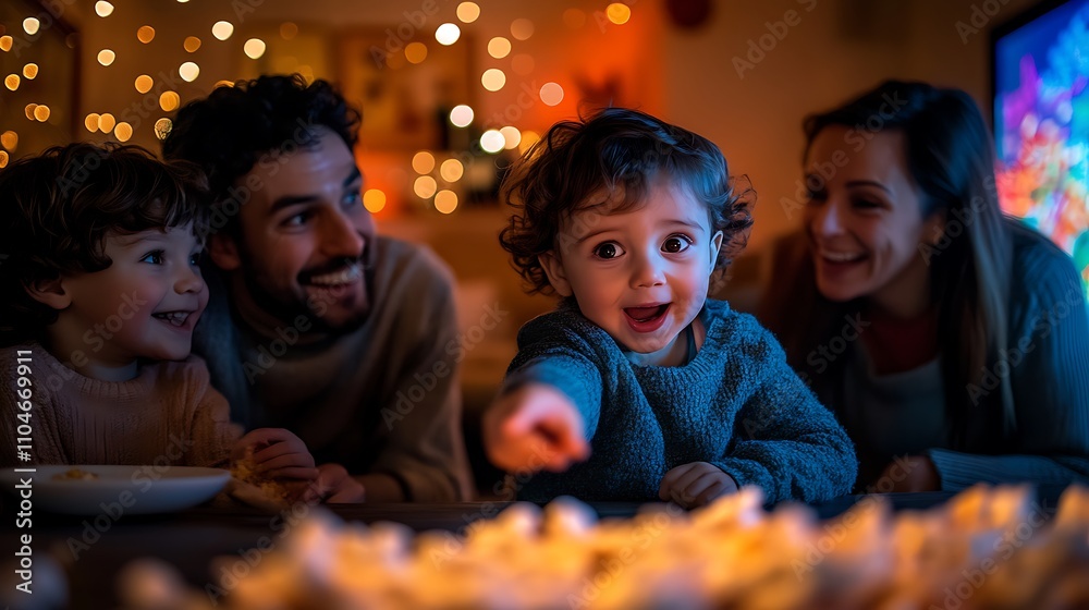 A toddler eagerly pointing at a colorful TV screen while parents and siblings laugh warmly, popcorn and snacks spread across the table, dimly lit living room creating a relaxed ambiance, hd quality, A toddler eagerly pointing at a colorful TV screen while parents and siblings laugh warmly, popcorn and snacks spread across the table, dimly lit living room creating a relaxed ambiance, hd quality,