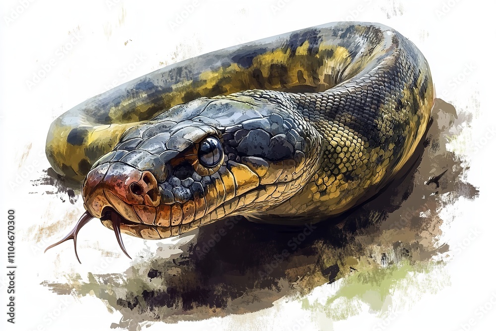 Fototapeta premium Anaconda illustration on a white backdrop. Generative Ai