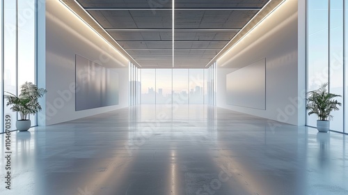 Modern minimalist gallery interior with city view, featuring blank canvases and polished concrete floor.