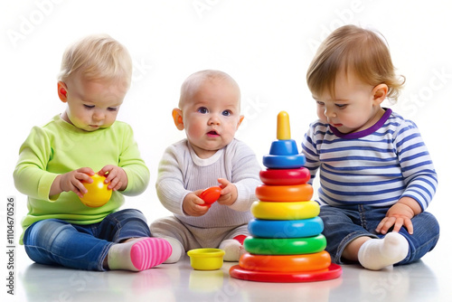 Three adorable babies playing with colorful stacking rings and balls on white background.