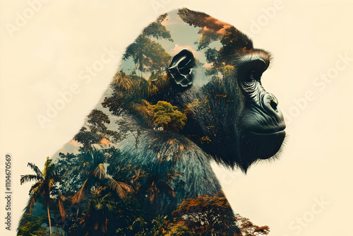 A double exposure image of a gorilla with a lush forest landscape. photo