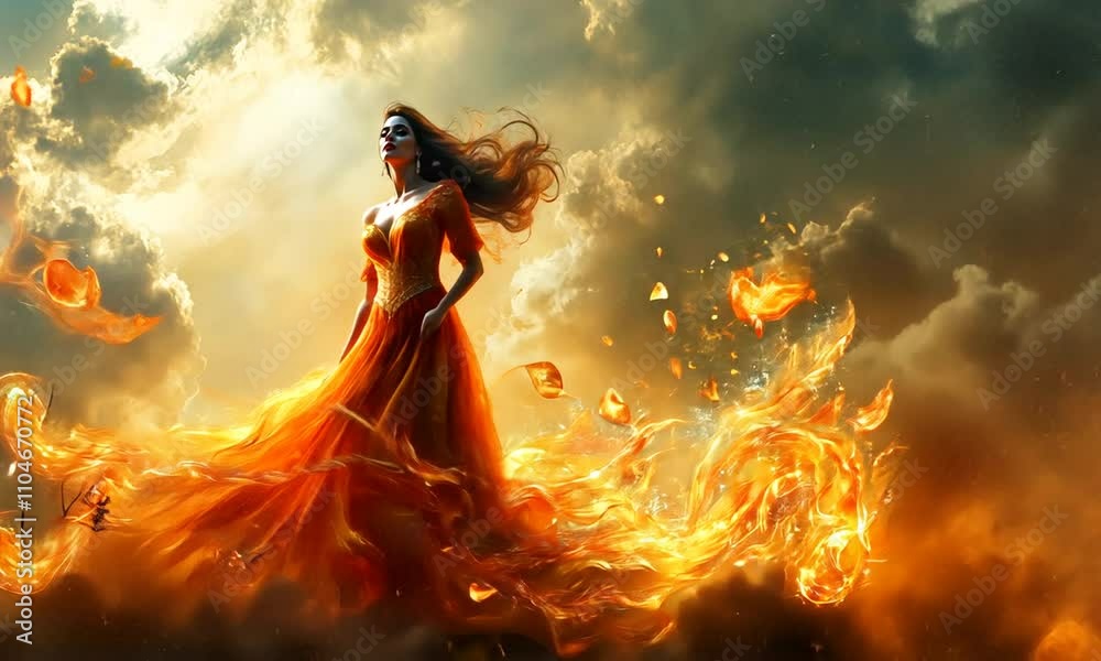 custom made wallpaper toronto digitalA silhouette of a woman in a fiery dress, surrounded by swirling flames and glowing embers.