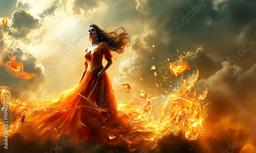 Wallpaper Mural A silhouette of a woman in a fiery dress, surrounded by swirling flames and glowing embers. Torontodigital.ca