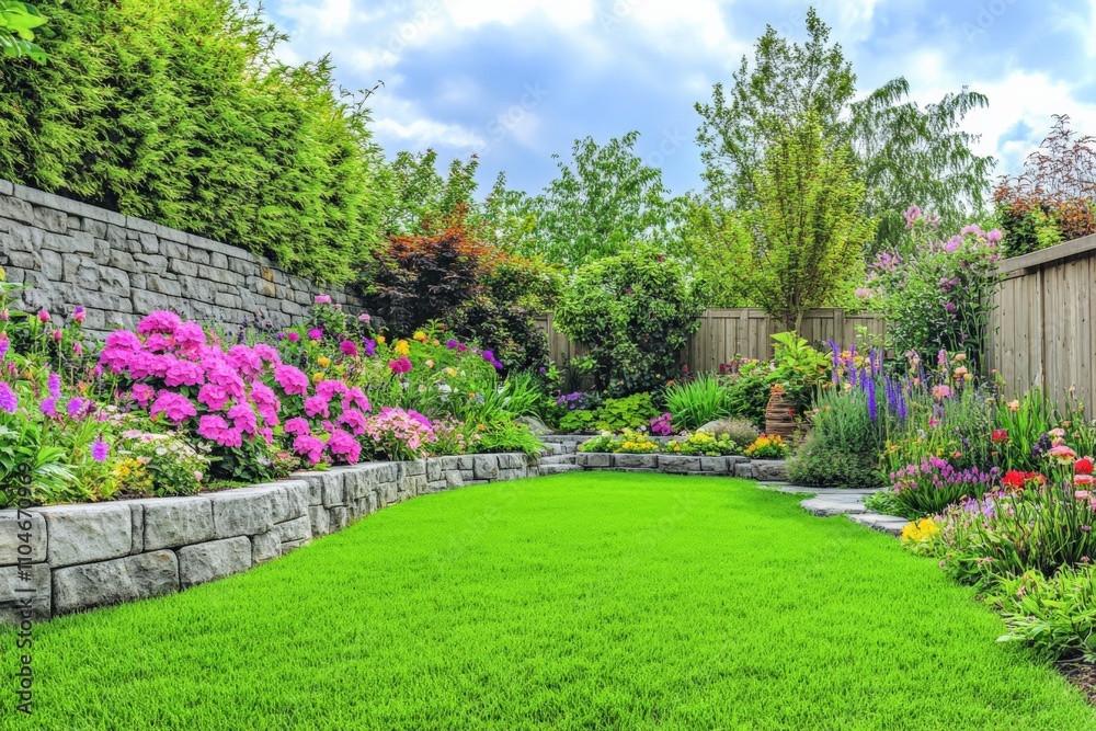 Obraz premium beautiful garden with vibrant flowers and lush green grass