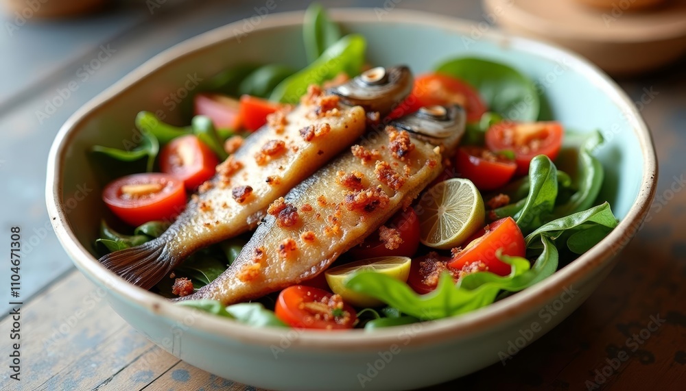 Fish fillet salad with tomatoes and lemon slice Fish fillet salad with tomatoes and lemon slice