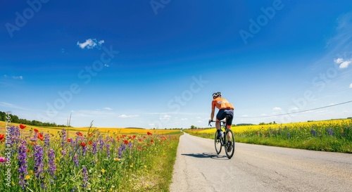 Man cycling on scenic rural road surrounded by wildflowers under clear blue sky