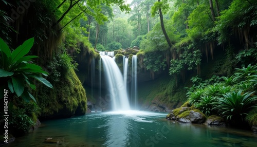 Waterfall cascades into deep, crystal-clear pool surrounded by lush greenery and rugged cliffs