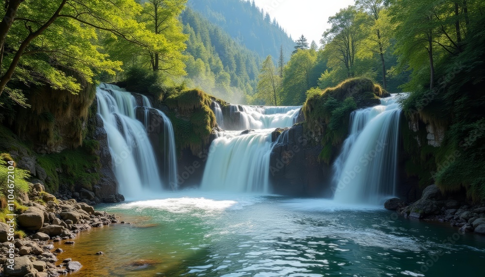 Fototapeta premium Waterfall cascading down rocky cliff into serene green river, surrounded by lush trees under sunny sky
